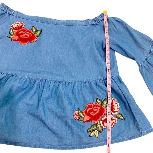 ANA A New Approach Denim Cotton Off Shoulder Floral Embroidered Top, Size Small - Picture 8 of 11